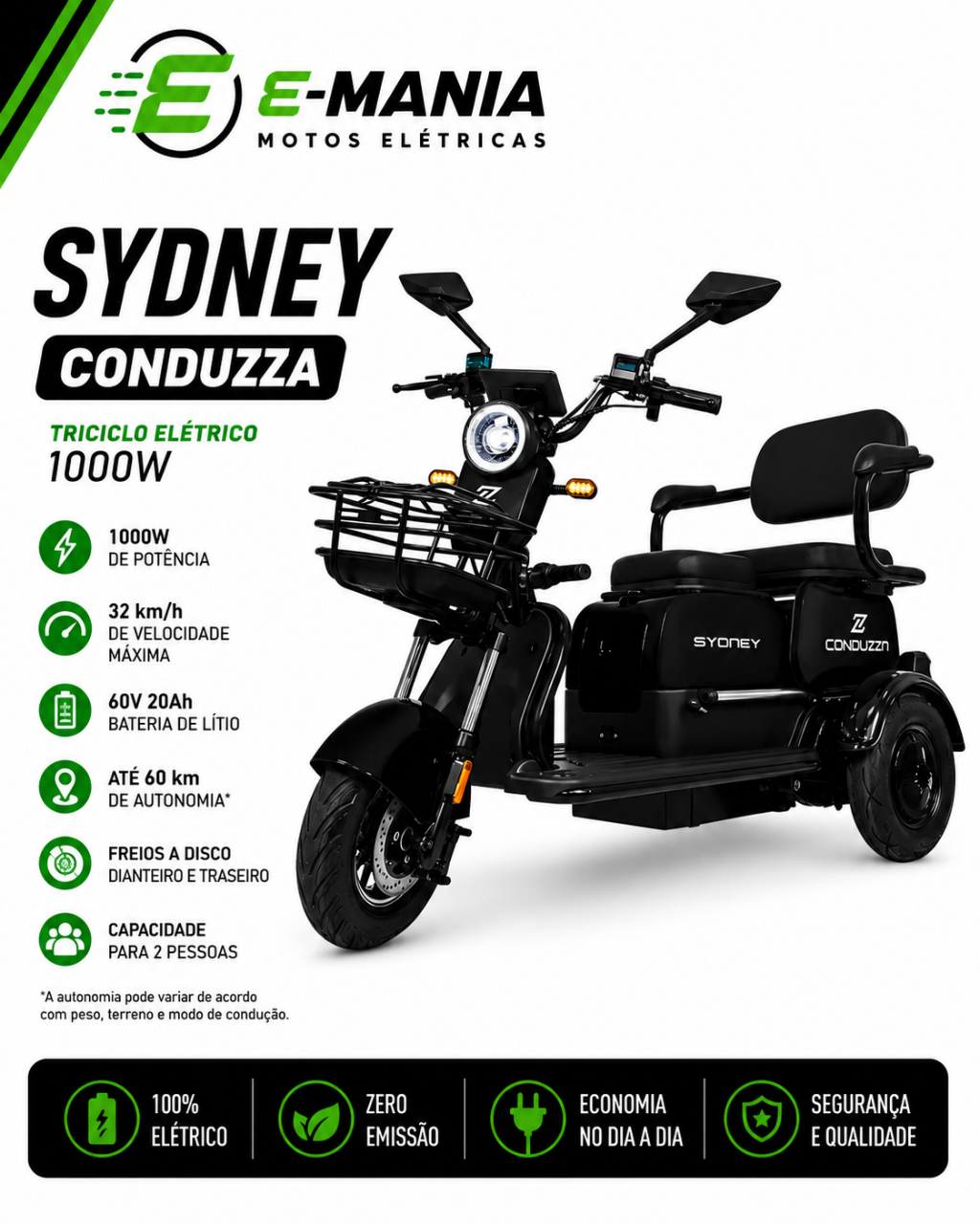 Triciclo Elétrico Sydney Conduzza 1000W