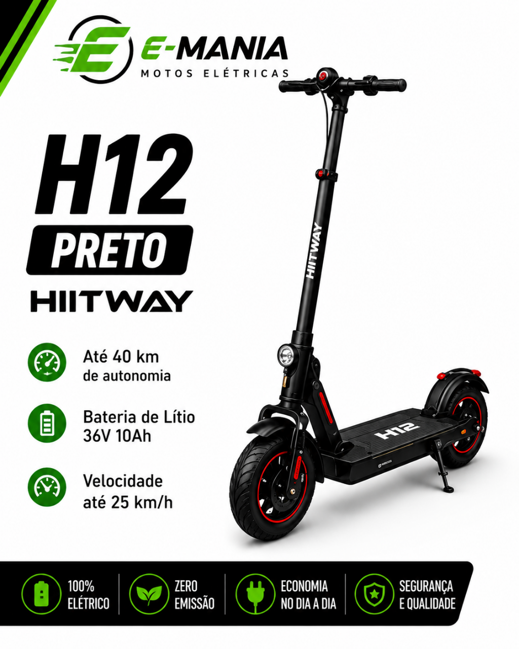 Patinete Elétrico H12 Preto Hiitway