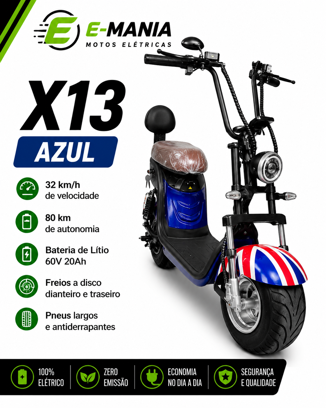 Scooter Elétrica X13 Azul